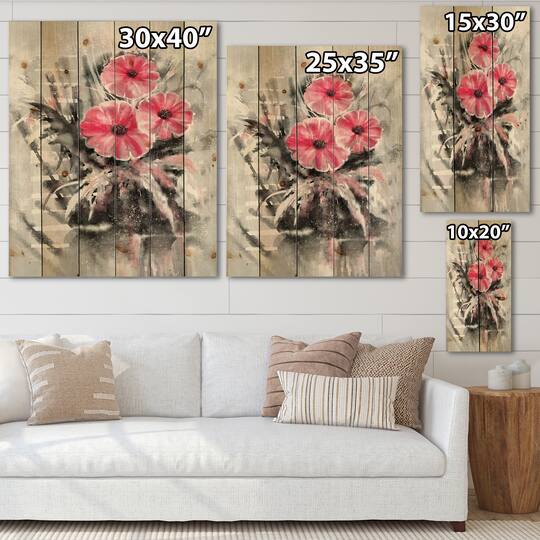 Designart - Abstract Red Flowers On Gray